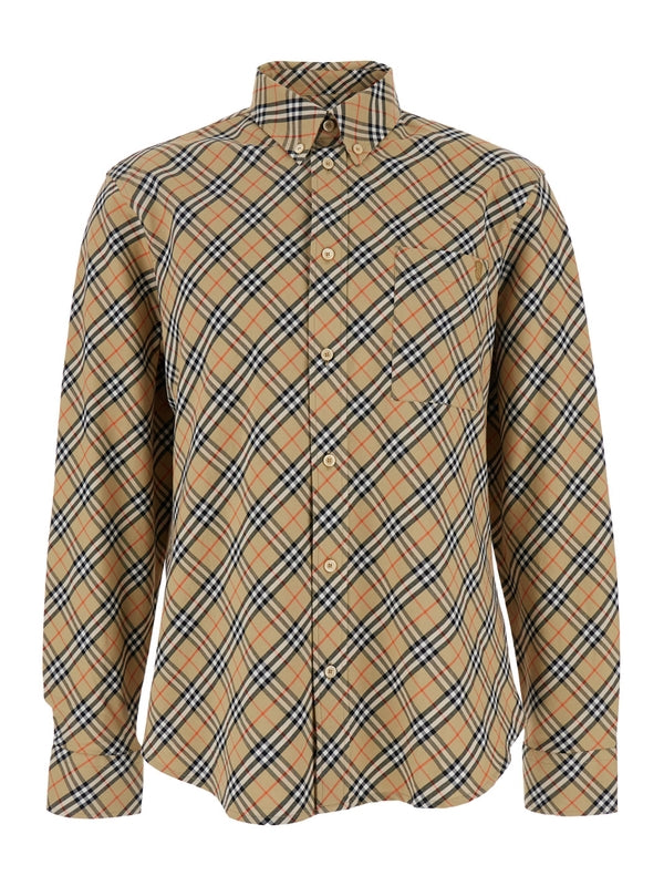 Beige Shirt with All-Over Vintage Check Motif in Cotton Man Shirts