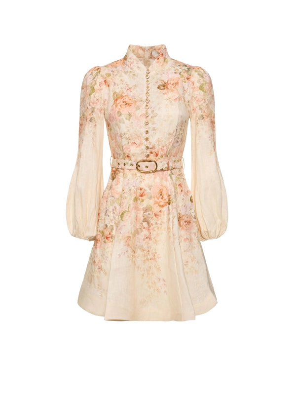 Belted Flower Linen Dress