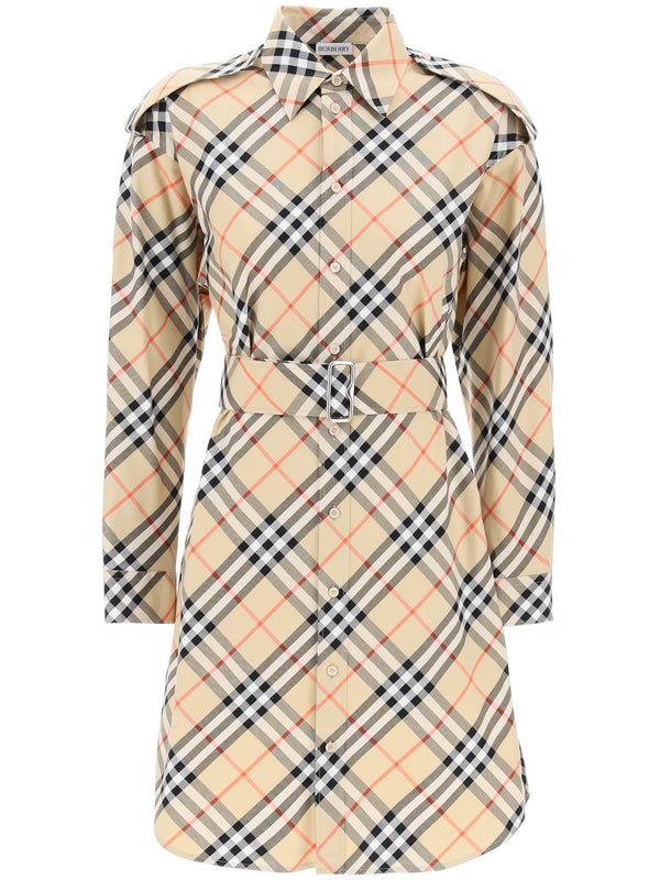 Vintage Check Belt Cotton Shirt Dress