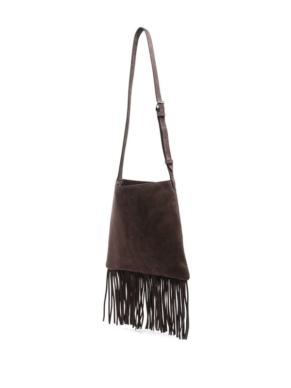 V Logo Tassel Detail Suede Shoulder Bag