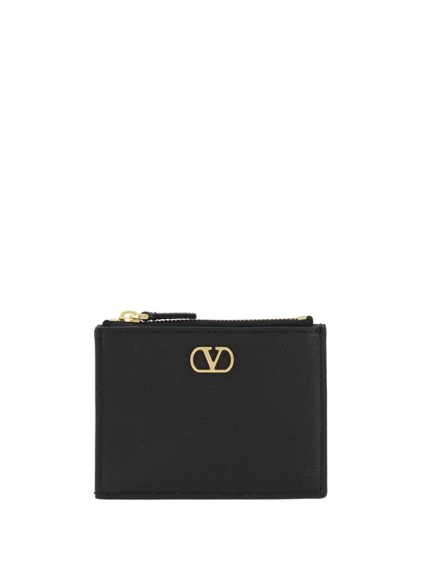 V Logo Detail Leather Card Wallet