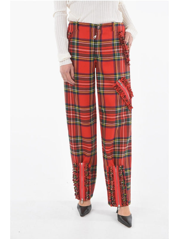 Wool Wide Leg Half-Lined Tartan Trousers with Zip Trousers - jentestore_global