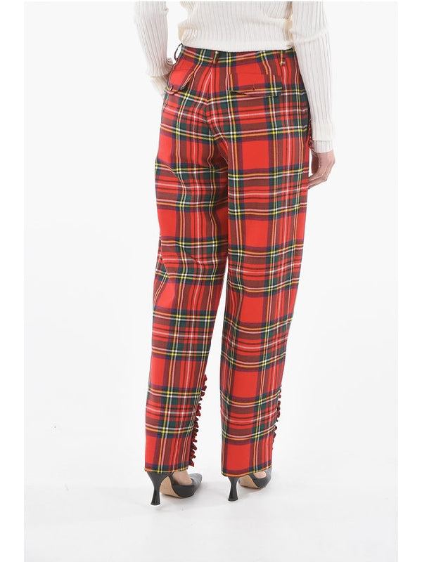 Wool Wide Leg Half-Lined Tartan Trousers with Zip Trousers - jentestore_global