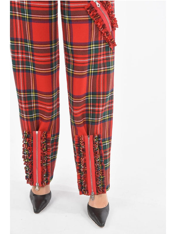 Wool Wide Leg Half-Lined Tartan Trousers with Zip Trousers - jentestore_global