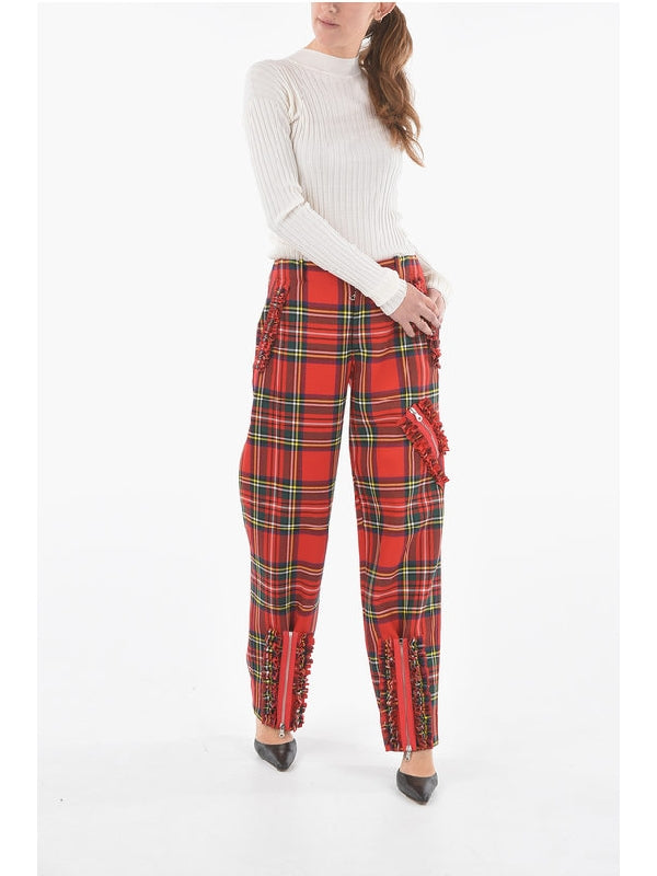 Wool Wide Leg Half-Lined Tartan Trousers with Zip Trousers - jentestore_global