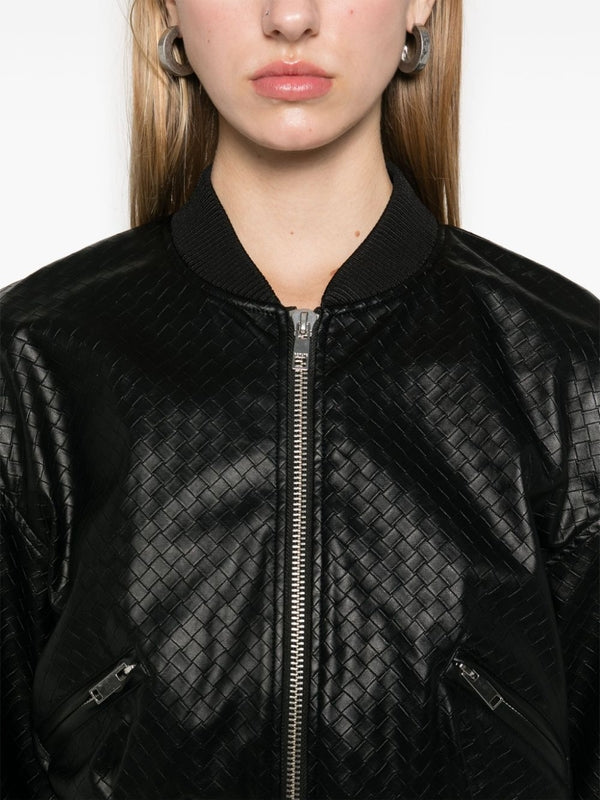 Weaving Effect Fake Leather Bomber Jacket