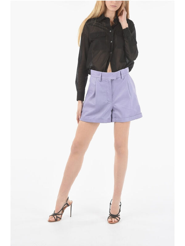 Cuffed Hem Leather Single Pleated Shorts Shorts - jentestore_global