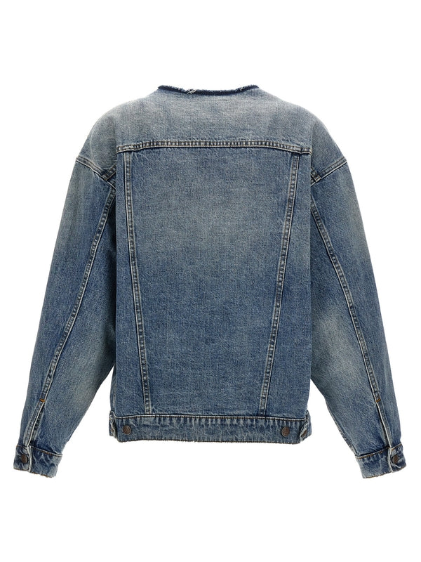 Collarless Zip-Up Denim Jacket