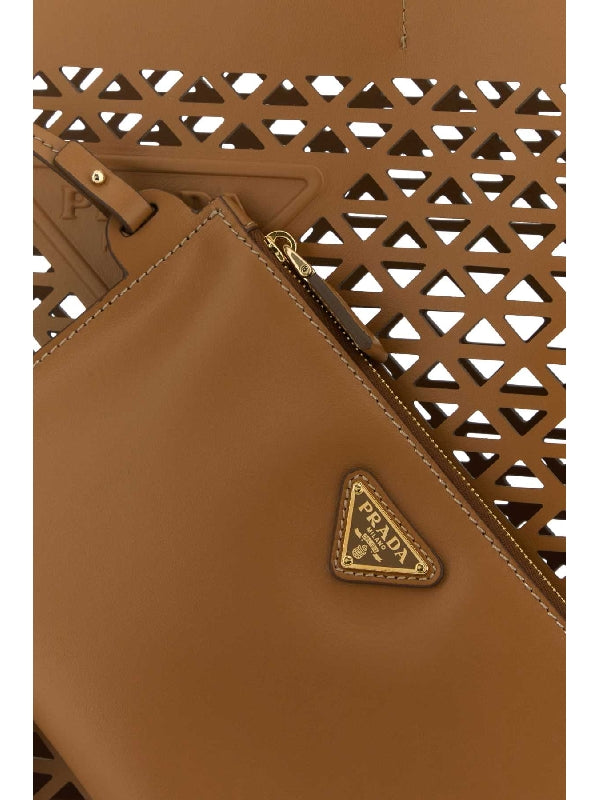 Triangle Logo Openwork Leather Tote Bag