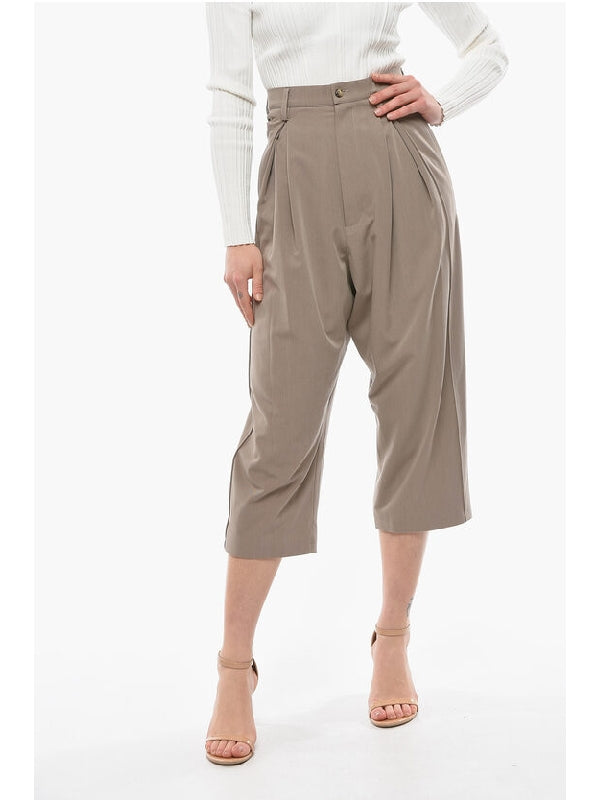 Wool and Silk Blend CHOLET Trousers with Loose-fit and High Shorts - jentestore_global