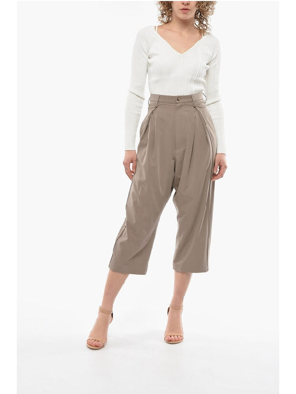 Wool and Silk Blend CHOLET Trousers with Loose-fit and High Shorts - jentestore_global