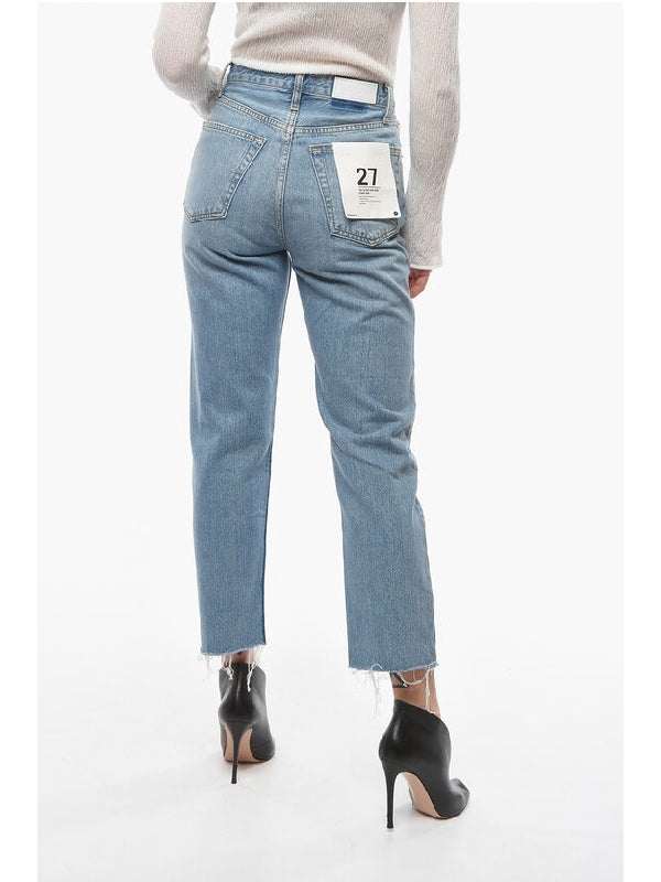 Straight-leg Cropped Denims with Distressed Effect and Logo Denim Pants - jentestore_global