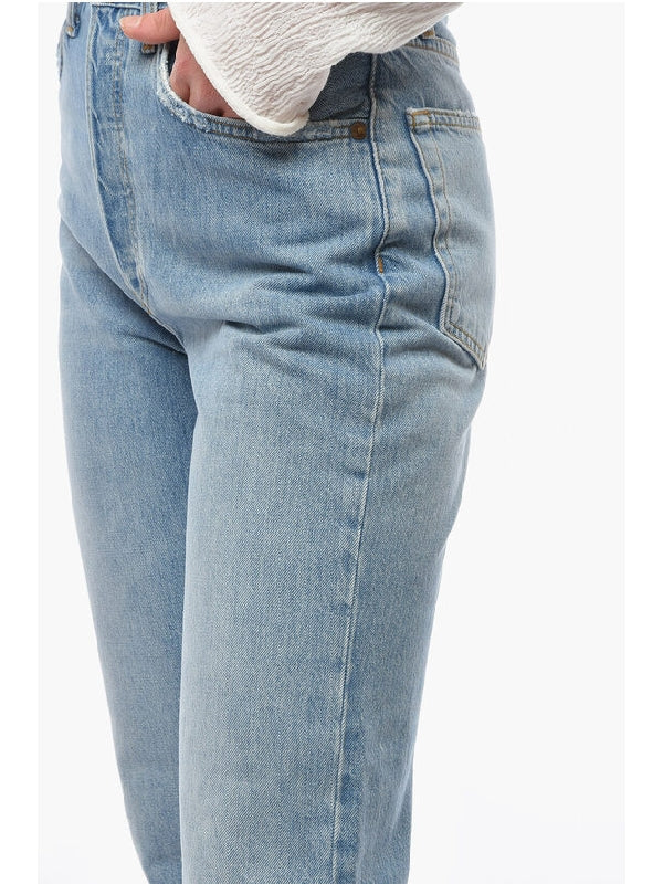 Straight-leg Cropped Denims with Distressed Effect and Logo Denim Pants - jentestore_global