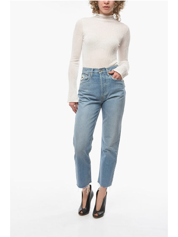 Straight-leg Cropped Denims with Distressed Effect and Logo Denim Pants - jentestore_global