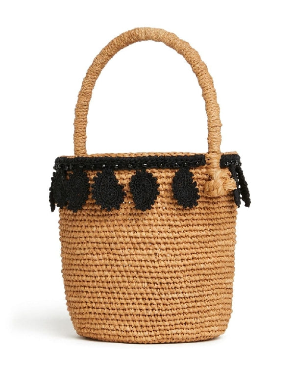 Paisley Applique Raffia Basket Bag