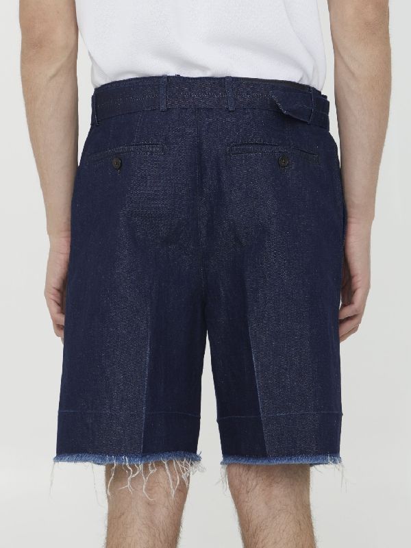 Belted Cotton Linen Bermuda Shorts