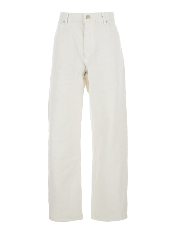 White Five Pocket Jeans with Ripped Hem in Cotton Woman Denim Pants