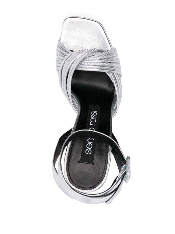 Metallic Braid Strap Sandal Heel