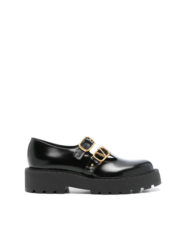 V Logo Buckle Strap Leather Loafer