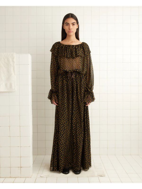 Sheer Ruffle Silk Long Dress