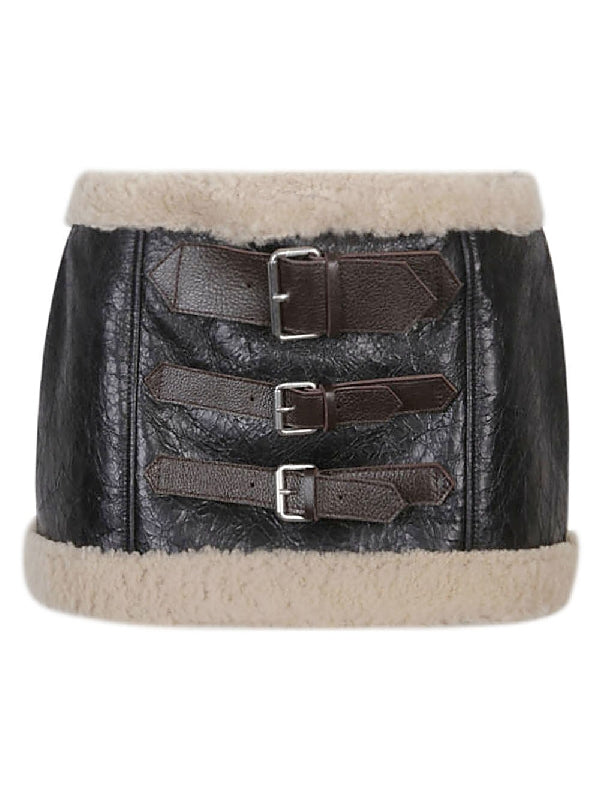 Buckle Strap Detail Shearling Mini Skirt