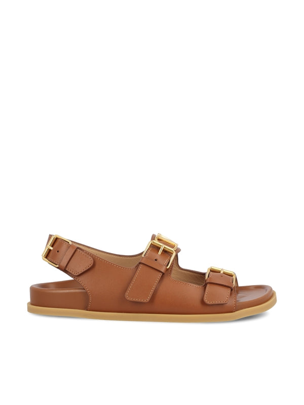 V Logo Double Strap Leather Sandals