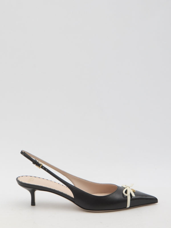 V Logo Bow Detail Leather Slingback Heels