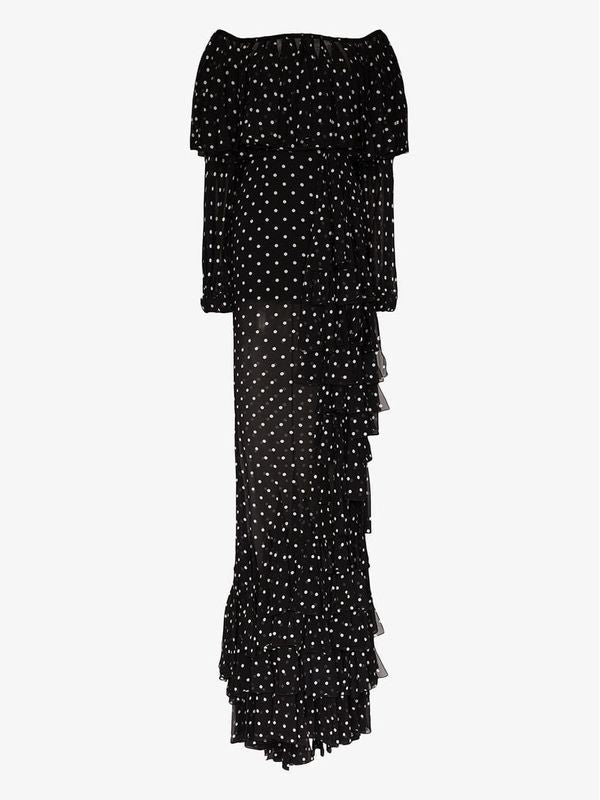 Off-Shoulder Dot Ruffle Silk Dress