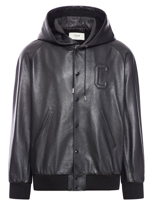 Embossed Logo Leather Hooded Jacket - Jente