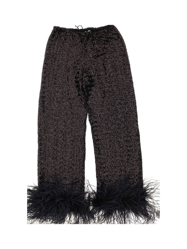 Feather Hem Sequin Drawstring Pants