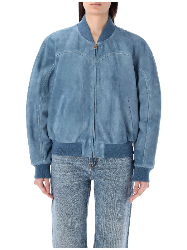 Chloe - Blue Suede Bomber Jacket - Jente