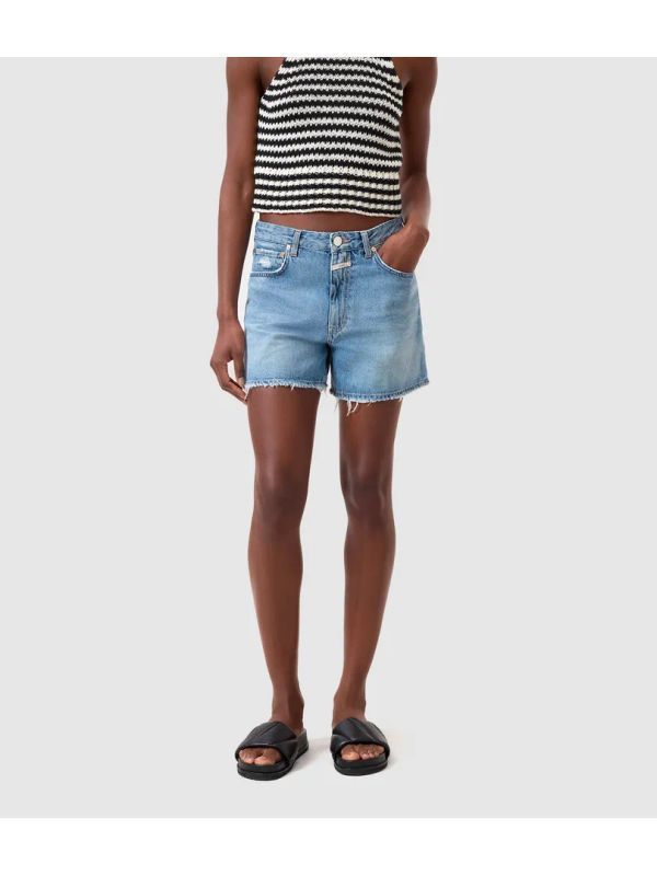 Back Logo Patch Fringe Denim
  Shorts