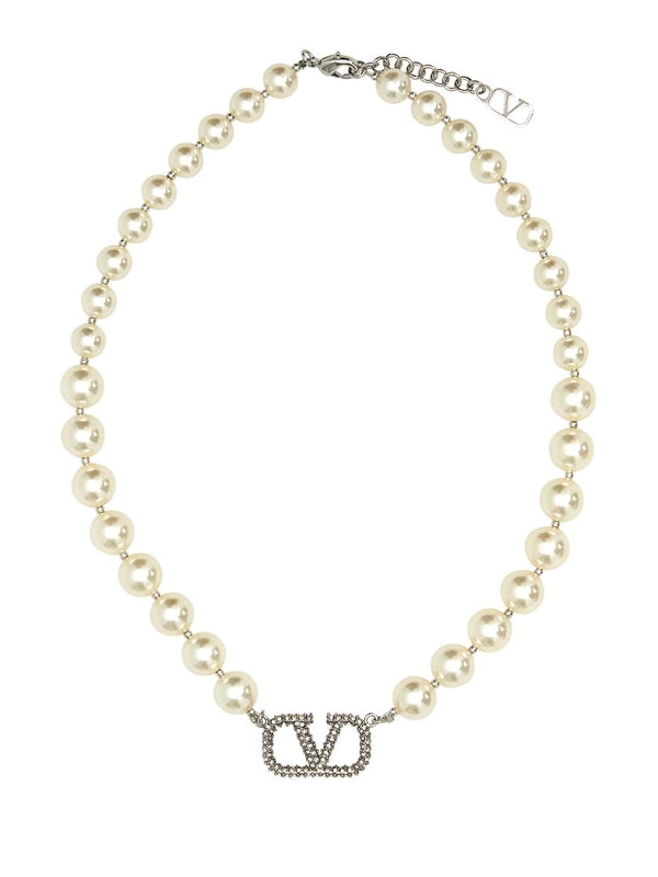 V Logo Pearl Chain Necklace