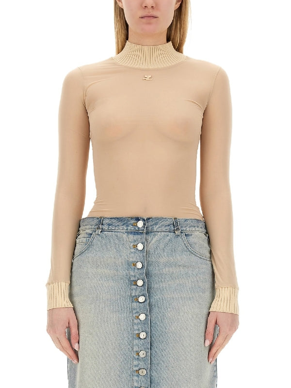 Logo High Neck Jersey Sheer Top