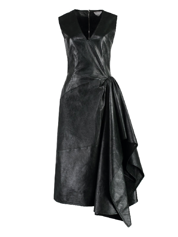 Asymmetric Ruched Leather Dress