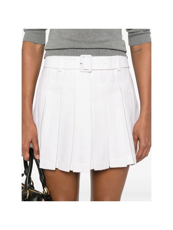Belted Pleated Detail Linen Wool Mini Skirt
