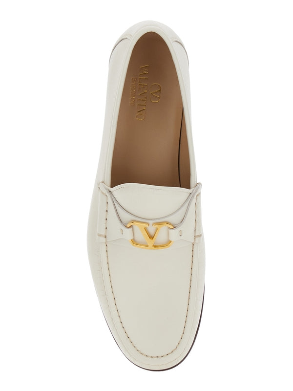 White Loafers with VLogo Plaque on the Front in Leather Man Loafers