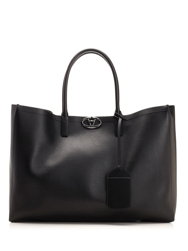 V Logo Leather Tote Bag