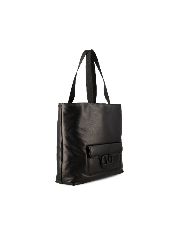 V Logo Pocket Leather Tote Bag