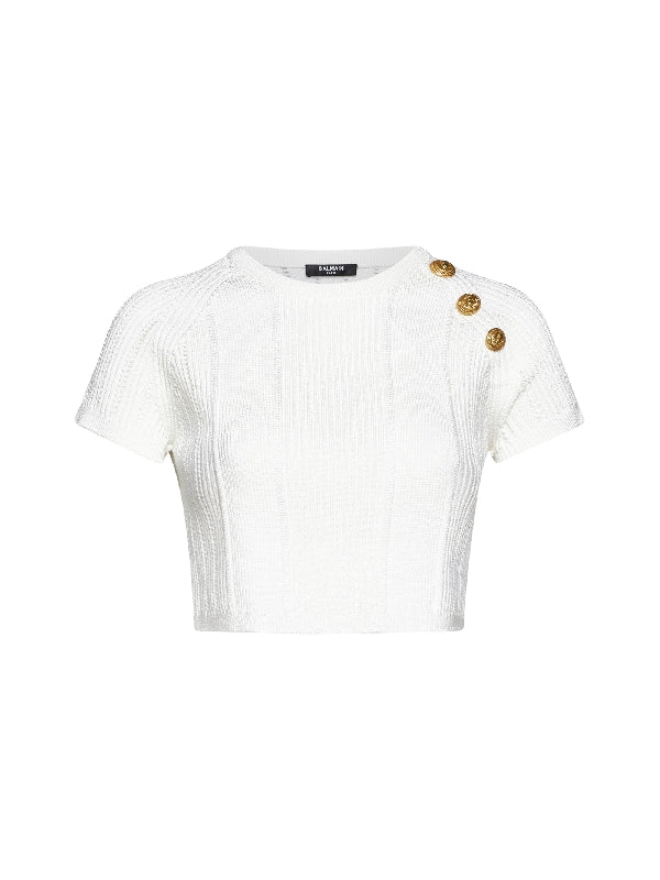 Shoulder Button Cropped Short Sleeve Knit