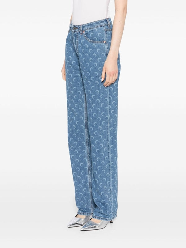 Allover Moon Print Cotton Denim Pants