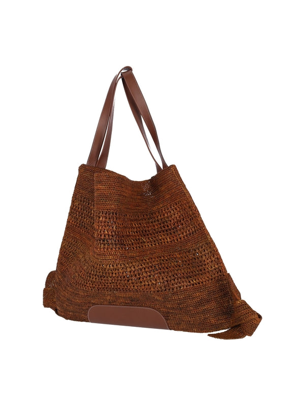 Leather Top Handle Raffia Tote Bag