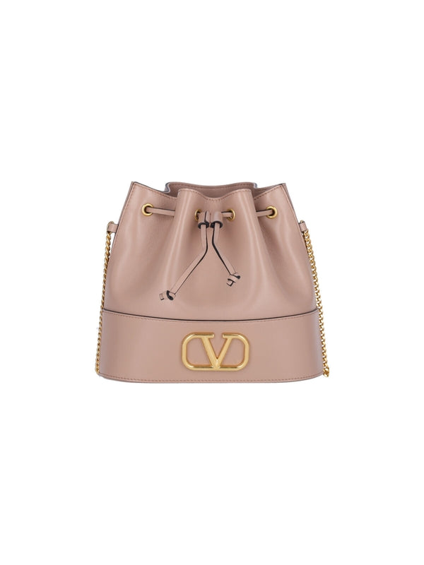 V Logo Leather Chain Bucket Bag