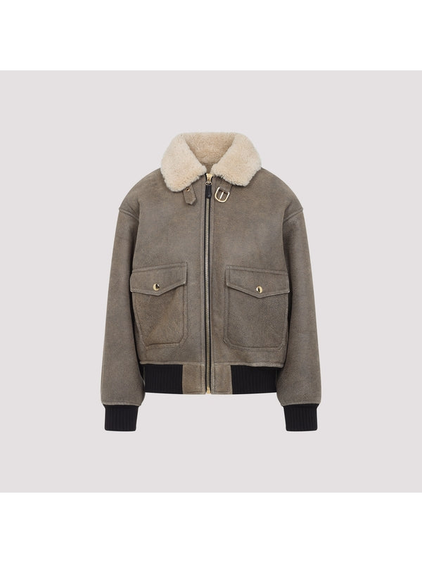 Back Logo Embroidery Leather Shearling Jacket