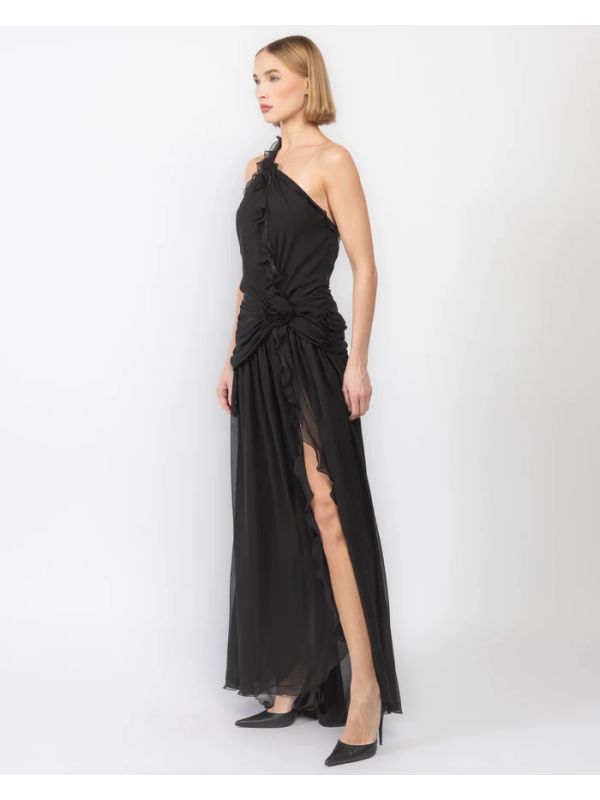 One-shoulder Ruffle Detail Silk Long Dress