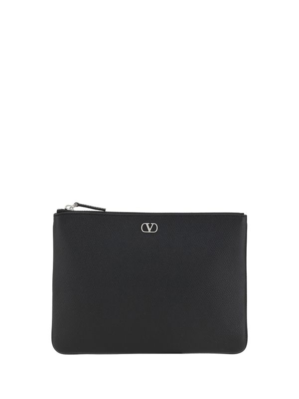 Signature V Logo Calfskin Clutch Bag