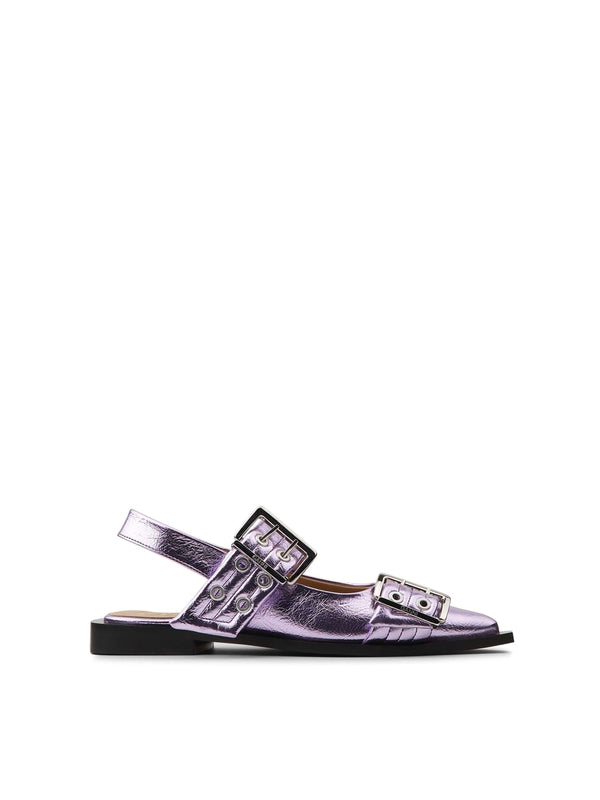 Buckle Detail Metallic Flat Shoes