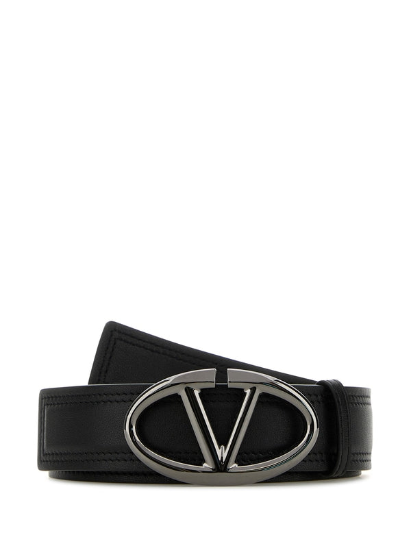 V Logo Buckle Leather Belt