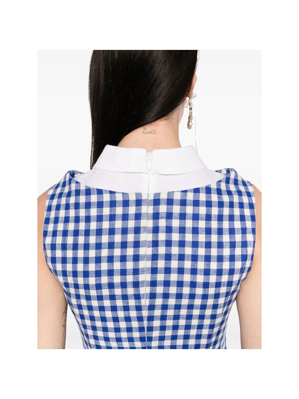 Gingham Check Pattern Wool Linen Mini Dress