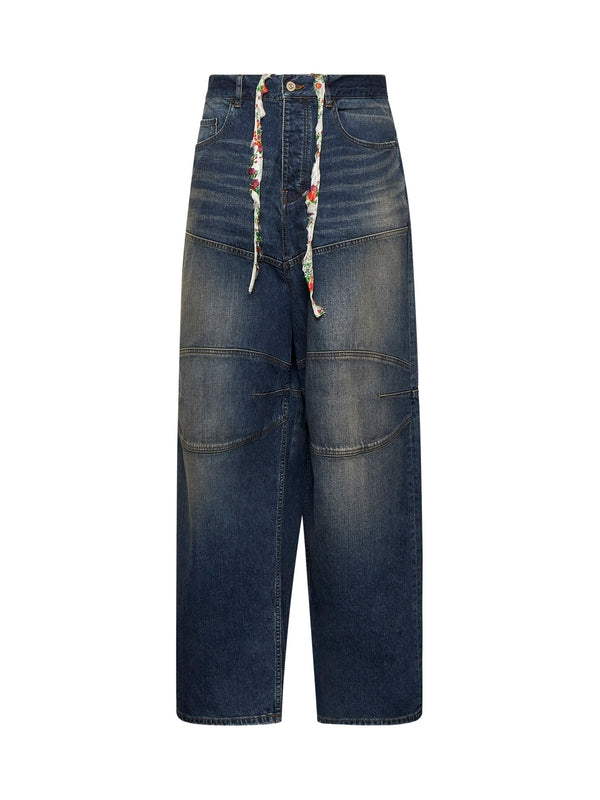 Vintage Washing Double-Knee Denim Pants